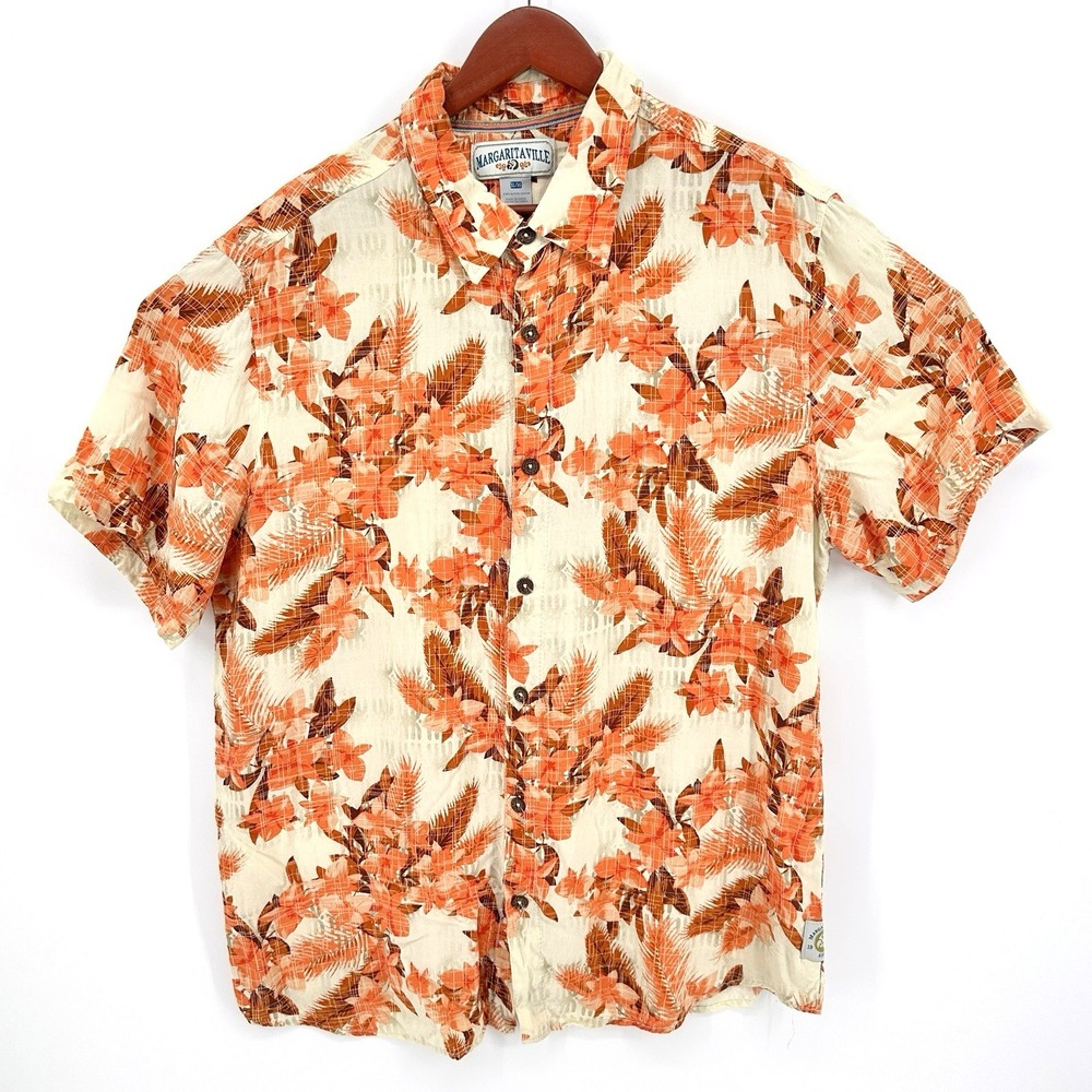 Margaritaville Men's XL Orange Tropical Floral Rayon Hawaiian Tropical Shirt